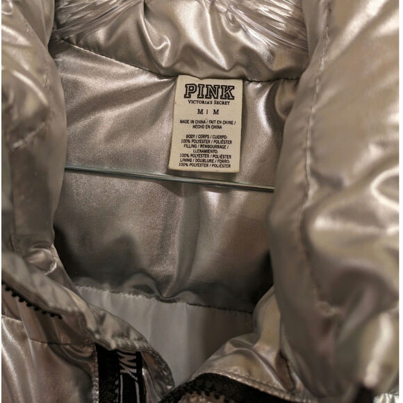 PINK Victoria's Secret Zip Up Puffer Vest Love Pink Silver Metallic Women's M - Picture 7 of 11
